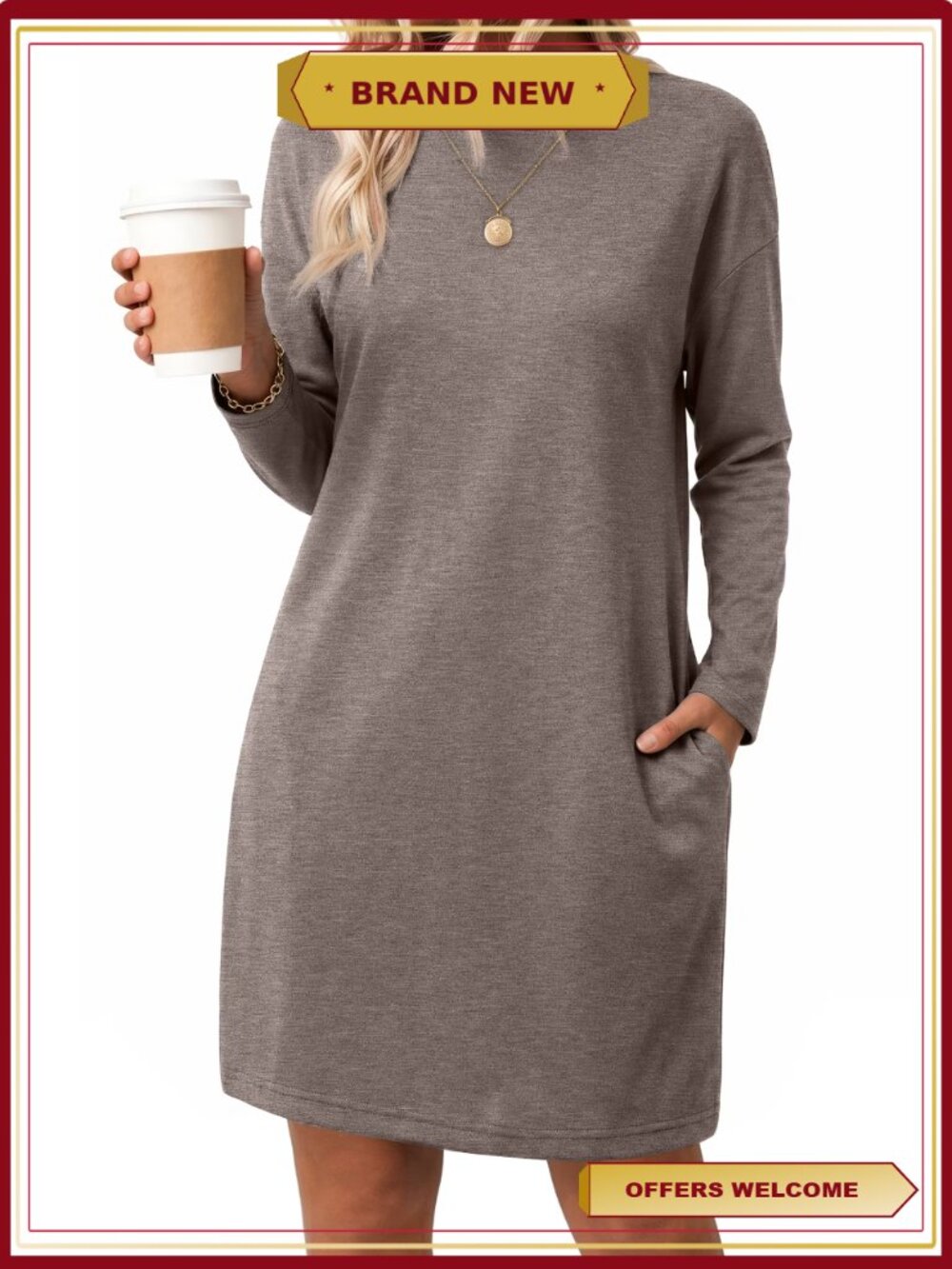 Women's Long Sleeve Crew Neck T-Shirt Dress with Pockets